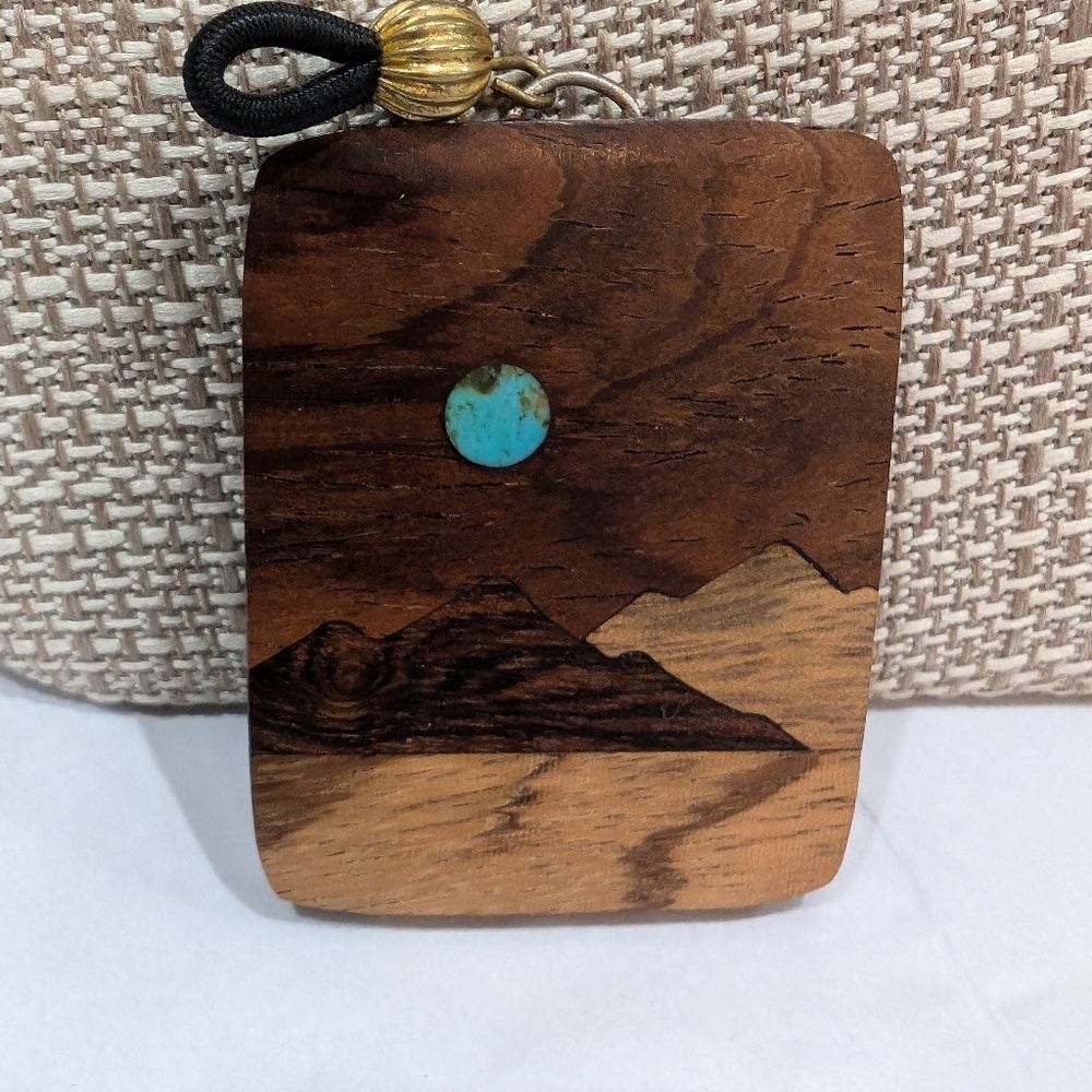 Hand Carved Wood Turquoise Inlay Pendant Mountain Scene Signed CAZ Southwest